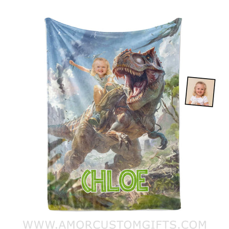 Blankets Personalized Dino Trex Girl In Wild Forest Blanket | Custom Name & Face Girl Blanket
