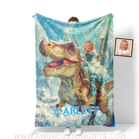Blankets Personalized Dino Trex Girl Princcess Blanket | Custom Name & Face Girl Blanket