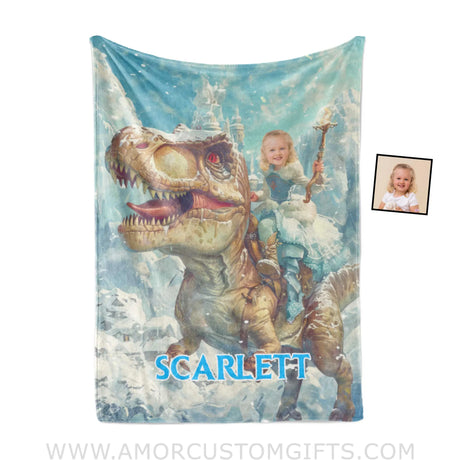 Blankets Personalized Dino Trex Girl Princcess Blanket | Custom Name & Face Girl Blanket