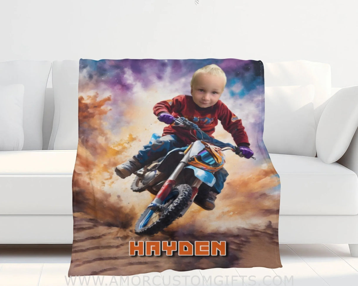 Blankets Personalized Dirtbike Boy Blanket | Custom Face & Name Vehicle Blanket For Boys