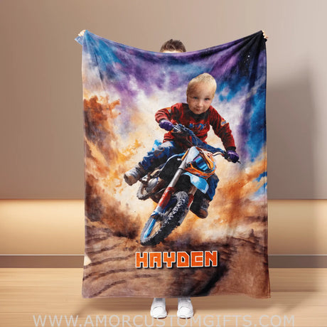 Blankets Personalized Dirtbike Boy Blanket | Custom Face & Name Vehicle Blanket For Boys