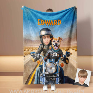 Blankets Personalized Dog & Owner On Harlee Motobike 1 Blanket | Custom Face & Name Blanket For Boys