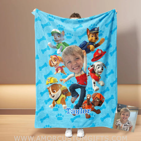 Blankets Personalized Dog Patrol Boy Photo Blanket | Custom Face & Name Happy Paw Patrol Blanket For Boys