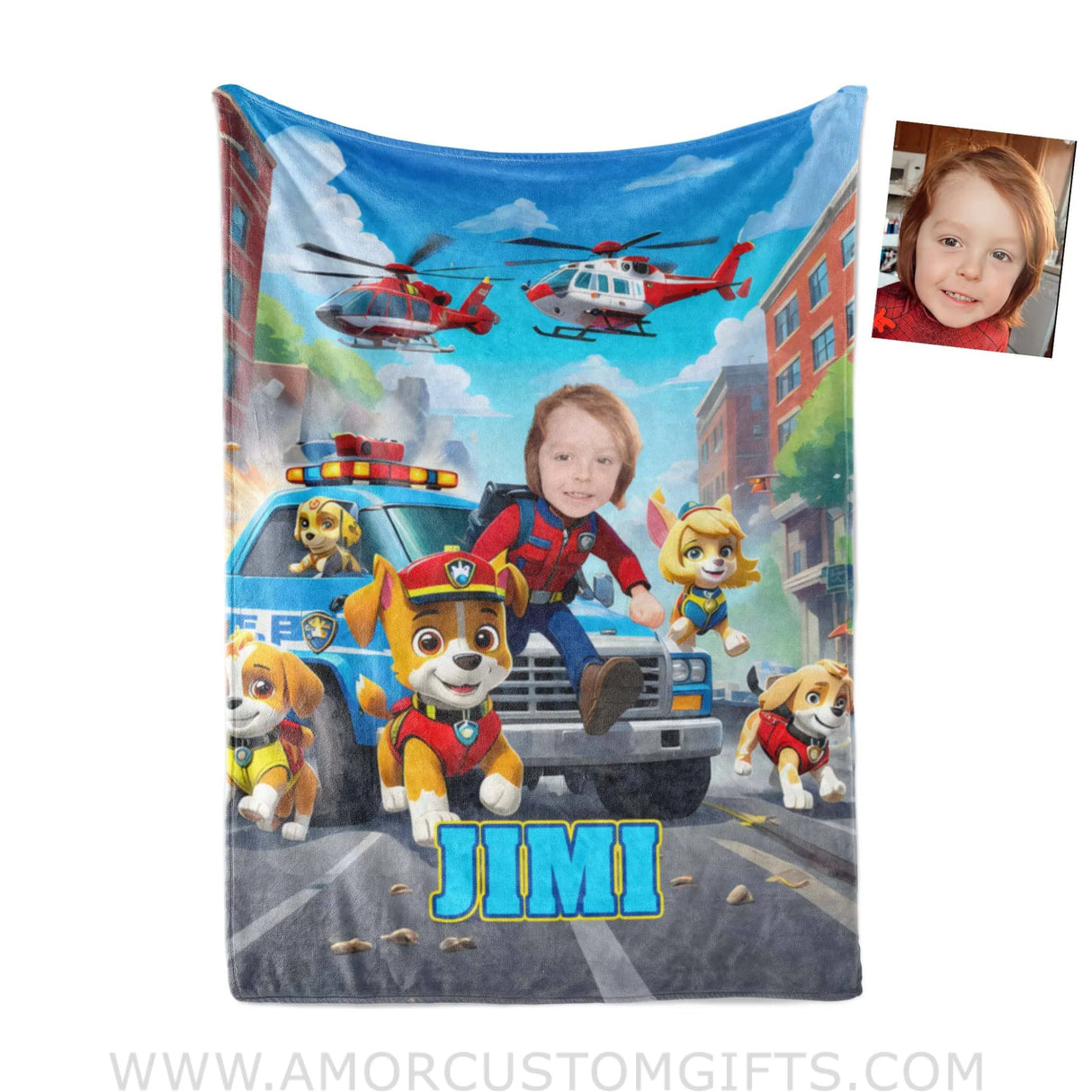 Blankets Personalized Dog Patrol Puppies Adventure Police Car Photo Blanket | Custom Name & Face Boy Blanket