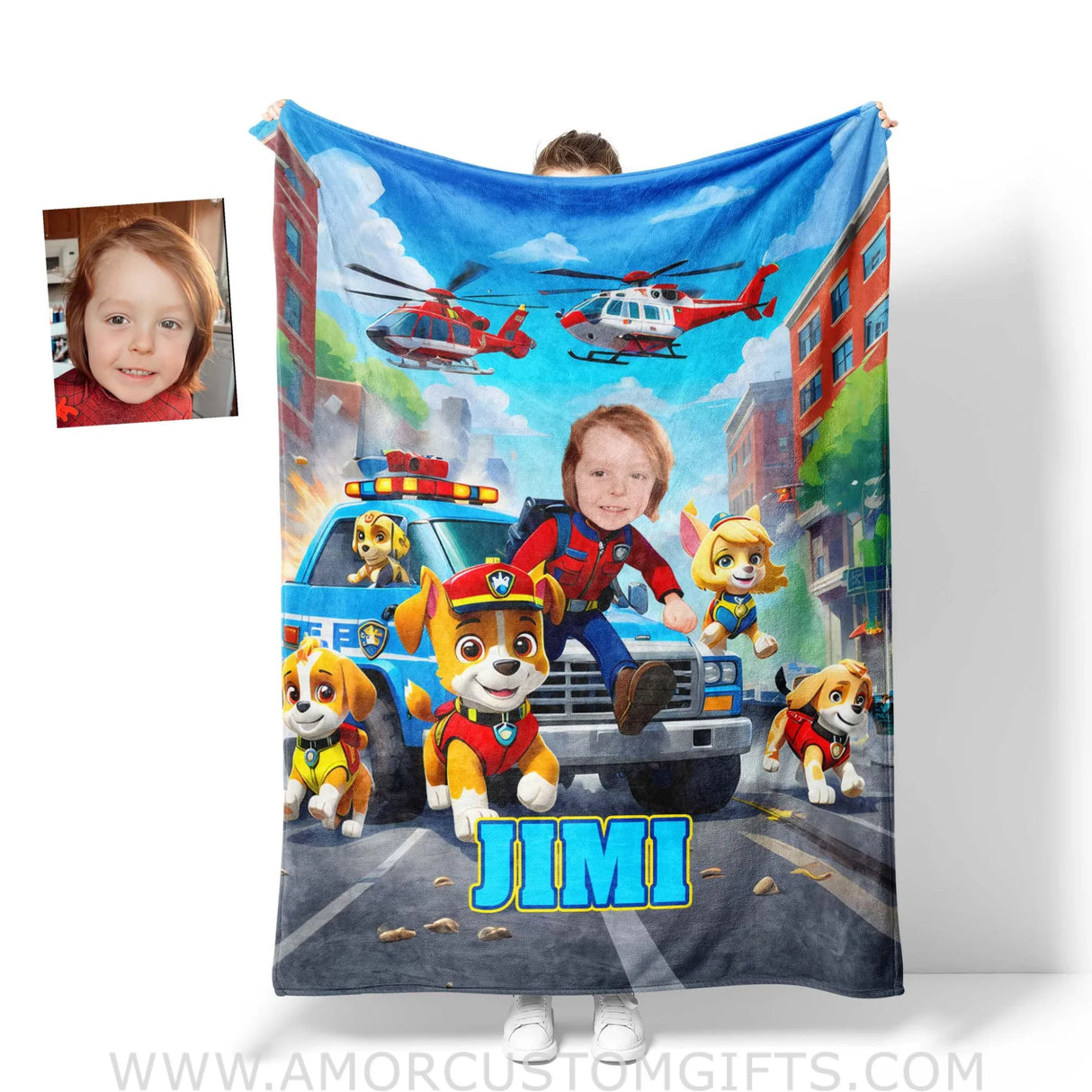 Blankets Personalized Dog Patrol Puppies Adventure Police Car Photo Blanket | Custom Name & Face Boy Blanket