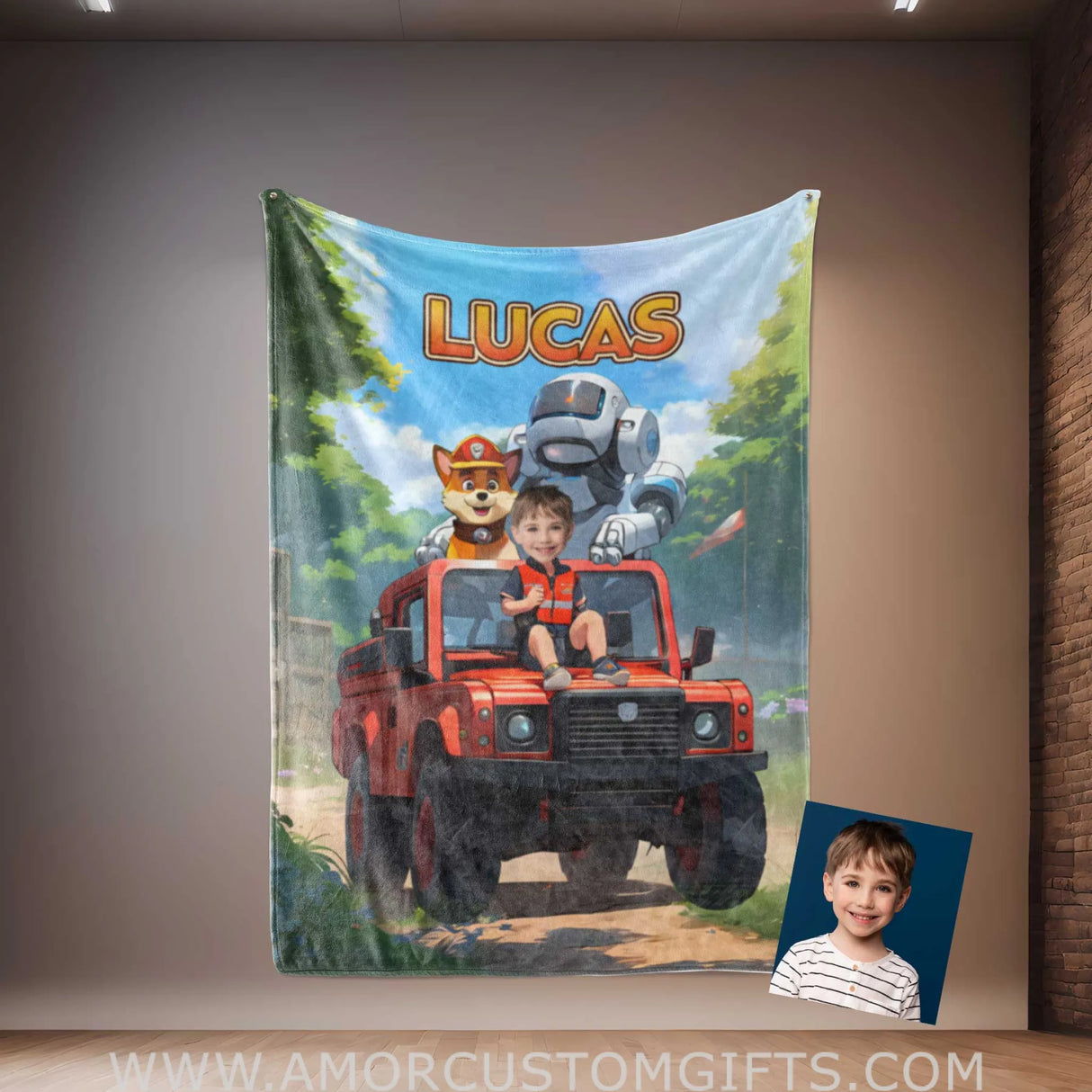 Blankets Personalized Dog Patrol Photo Blanket | Custom Face & Name Paw Patrol On Red Truck Blanket For Boys