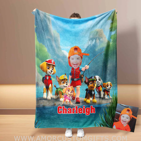 Blankets Personalized Dog Patrol Girl Fishing Photo Blanket | Custom Face & Name Blanket Paw Adventure Fishing Blanket For Girls