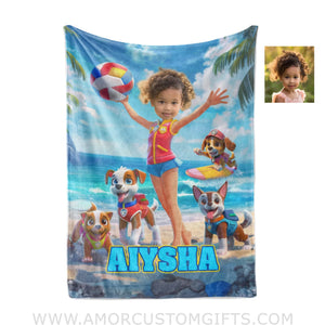 Blankets Personalized Dog Patrol Puppies Adventure Summer Beach Surfing Girl Blanket | Custom Name & Face Girl Blanket