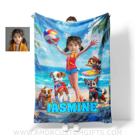 Blankets Personalized Dog Patrol Puppies Adventure Summer Beach Surfing Girl Blanket | Custom Name & Face Girl Blanket