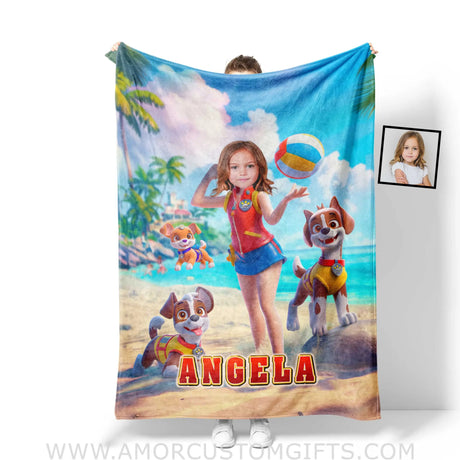 Personalized Dog Patrol Puppies Adventure Summer Beach Volleyball Girl Photo Blanket Blankets
