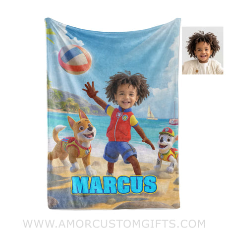 Blankets Personalized Dog Patrol Puppies Adventure Summer Beach Volleyball Photo Blanket | Custom Name & Face Boy Blanket
