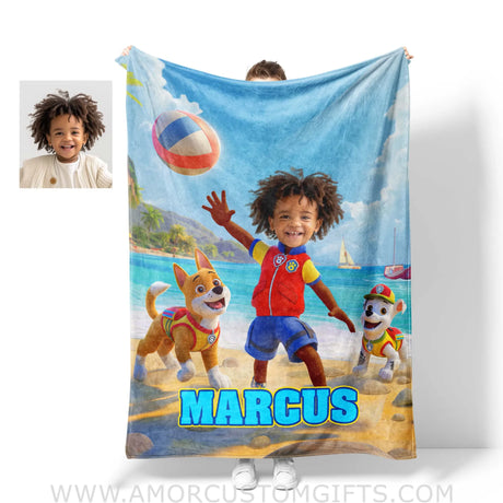 Blankets Personalized Dog Patrol Puppies Adventure Summer Beach Volleyball Photo Blanket | Custom Name & Face Boy Blanket