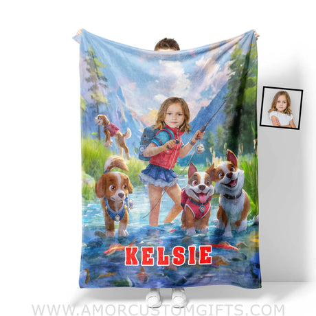Personalized Dog Patrol Puppies Adventure Summer Fishing Girl Photo Blanket Blankets