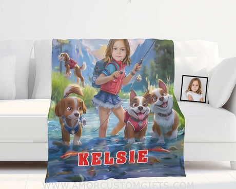 Personalized Dog Patrol Puppies Adventure Summer Fishing Girl Photo Blanket Blankets