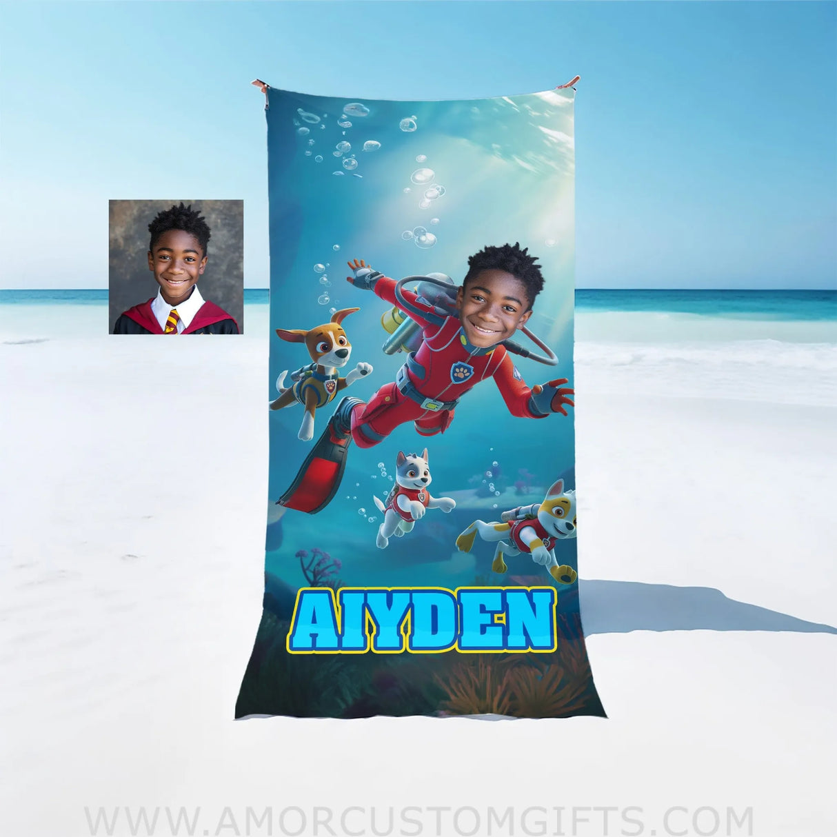 Towels Personalized Dog Patrol Puppies Adventure Summer Scuba Diving Boy Photo Beach Towel |Customized Name & Face Boy Towel