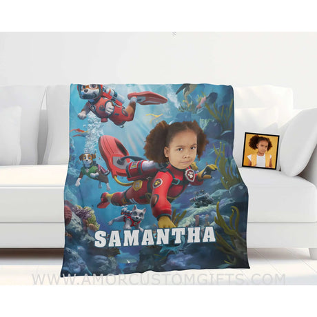 Personalized Dog Patrol Puppies Adventure Summer Scuba Diving Girl Photo Blanket Blankets