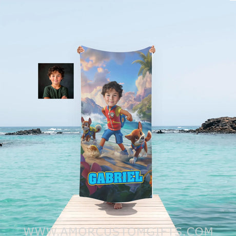 Towels Personalized Dog Patrol Puppies Adventure Summer Tropical Beach Trip Boy Photo Beach Towel | Customized Name & Face Boy Towel