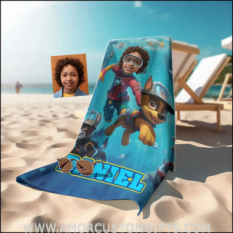 Towels Personalized Dog Patrol Swimming Under The Sea With Pets Beach Towel | Customized Name & Face Boy Towel