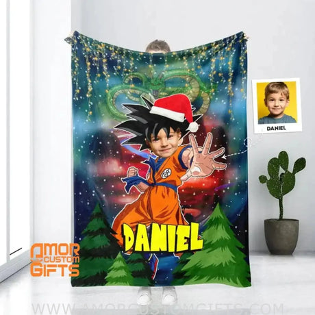 Blankets Personalized Dragon Ball Character Christmas Blanket | Custom Face & Name Christmas Blanket For Boys