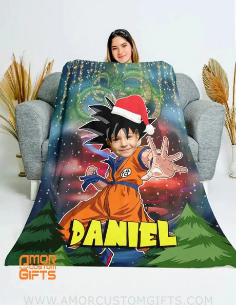 Blankets Personalized Dragon Ball Character Christmas Blanket | Custom Face & Name Christmas Blanket For Boys