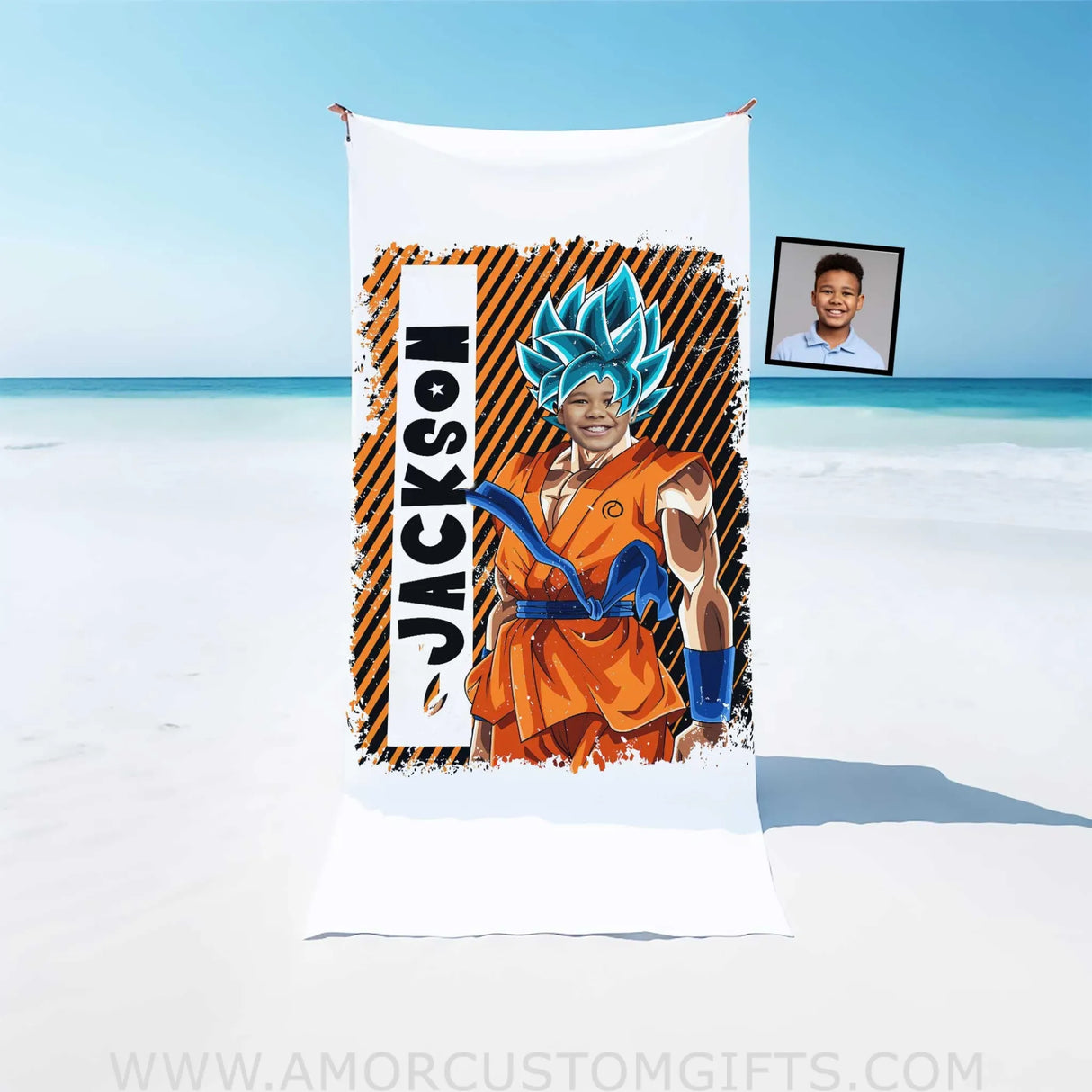 Towels Personalized Dragon Ball Goku Boy Photo Beach Towel | Customized Name & Face Boy Towel