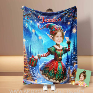 Blankets Personalized ELF Girl 1 Photo Blanket | Custom Face & Name Blanket For Girls