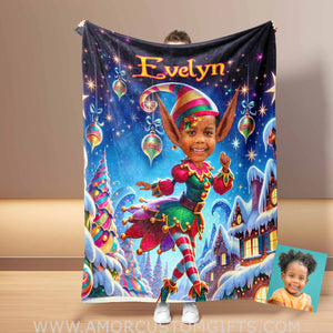 Blankets Personalized ELF Girl 2 Photo Blanket | Custom Face & Name Blanket For Girls