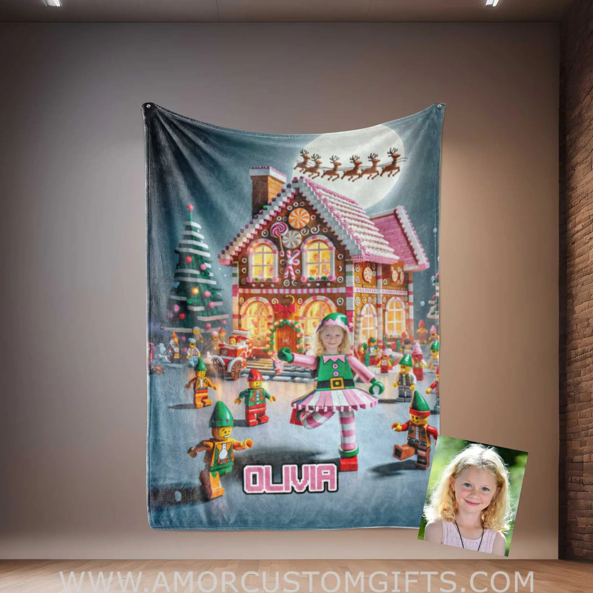 Blankets Personalized ELF Girl Interlocking Building Bricks 6 Photo Blanket | Custom Face & Name Blanket For Girls