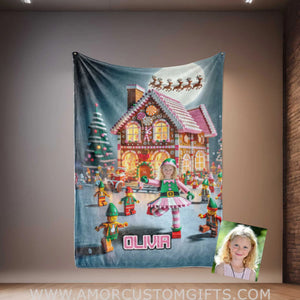 Blankets Personalized ELF Girl Interlocking Building Bricks 6 Photo Blanket | Custom Face & Name Blanket For Girls
