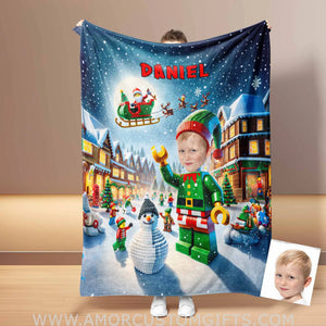 Blankets Personalized ELF Interlocking Building Bricks 1 Photo Blanket | Custom Face & Name Blanket For Boys