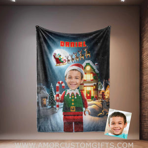 Blankets Personalized ELF Interlocking Building Bricks 2 Photo Blanket | Custom Face & Name Blanket For Boys