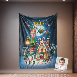 Blankets Personalized ELF Interlocking Building Bricks 4 Photo Blanket | Custom Face & Name Blanket For Boys