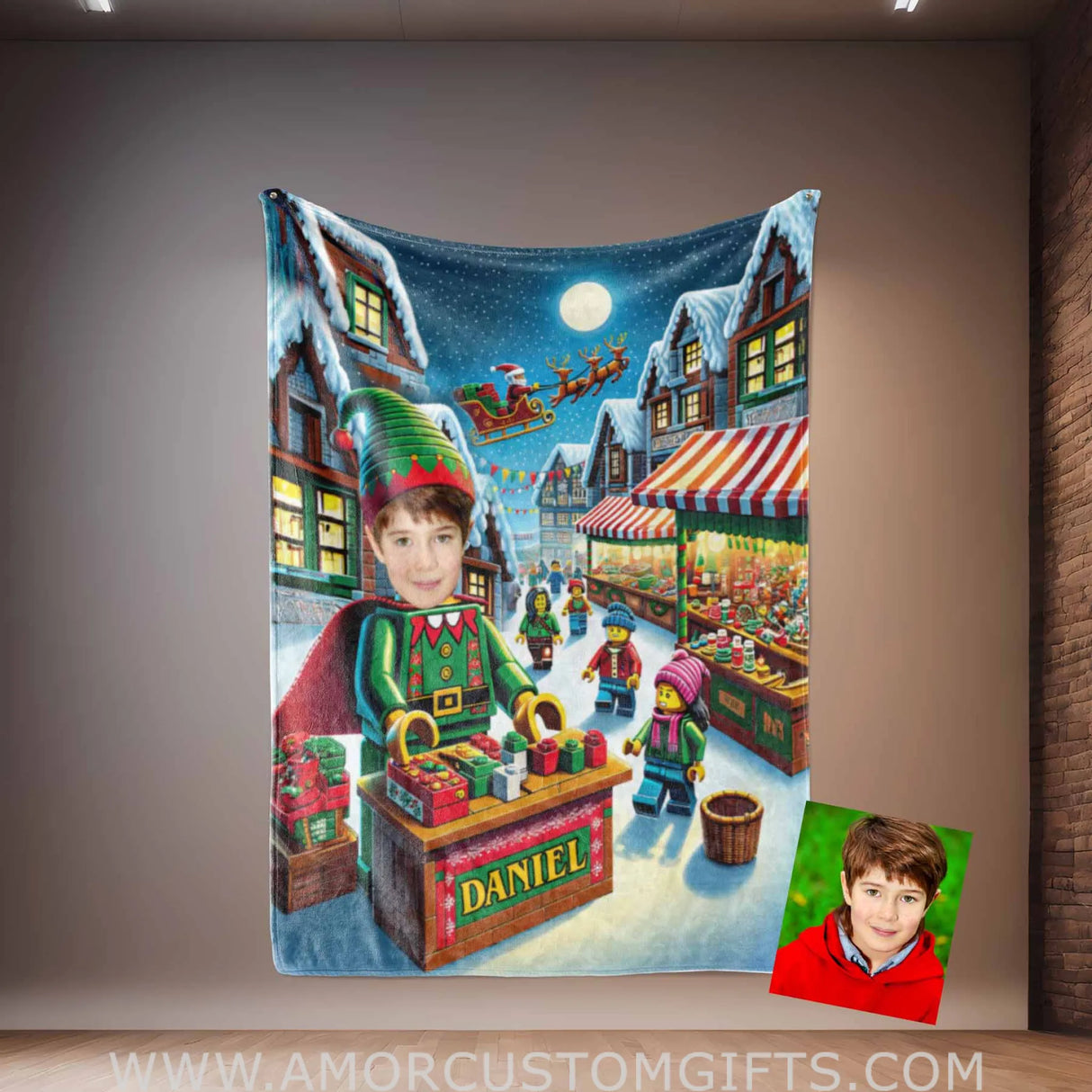 Blankets Personalized ELF Interlocking Building Bricks 5 Photo Blanket | Custom Face & Name Blanket For Boys