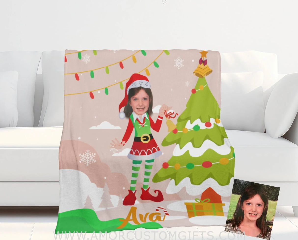 Blankets Personalized ELF Xmas Girl Photo Blanket | Custom Face & Name Blanket For Girls