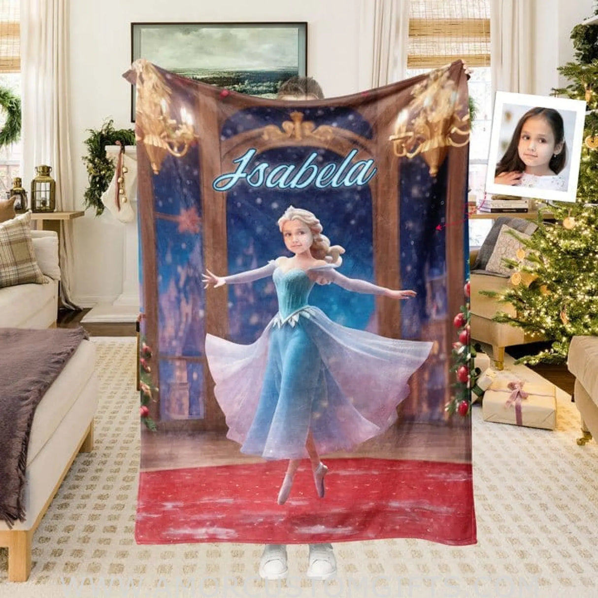 Blankets Personalized Elsa Princess Xmas Photo Blanket | Custom Name & Face Girl Princess Blanket