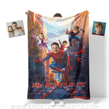 Personalized Face & Name Black Father’s Day Spider Father Kids Superhero Boy Blanket Blankets