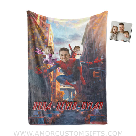 Personalized Face & Name Black Father’s Day Spider Father Kids Superhero Boy Blanket Blankets
