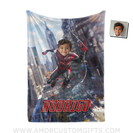 Personalized Face & Name Black Miles Spider Boy Swinging Through City Superhero Blanket Blankets