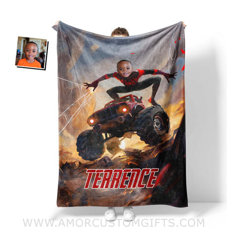 Personalized Face & Name Black Miles Spider Boy With Monster Truck Blanket Blankets