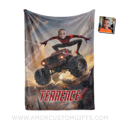 Personalized Face & Name Black Miles Spider Boy With Monster Truck Blanket Blankets