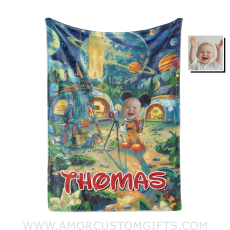 Personalized Face & Name Cartoon Mouse In Galaxy Boy Blanket Blankets
