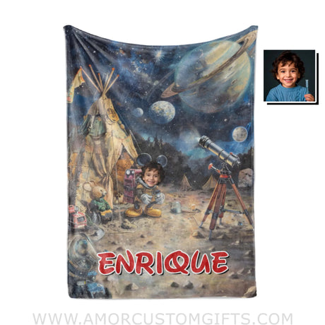 Personalized Face & Name Cartoon Mouse In Galaxy Boy Blanket Blankets