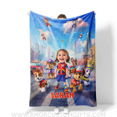 Personalized Face & Name Dog Patrol Girl Puppies Adventure Photo Blanket Blankets