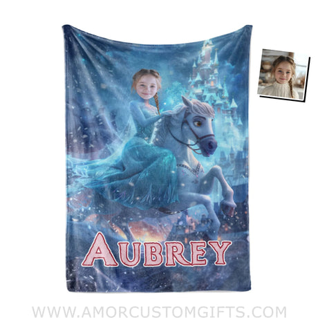 Personalized Face & Name Elsa Princess Riding Horse Girl Blanket Blankets