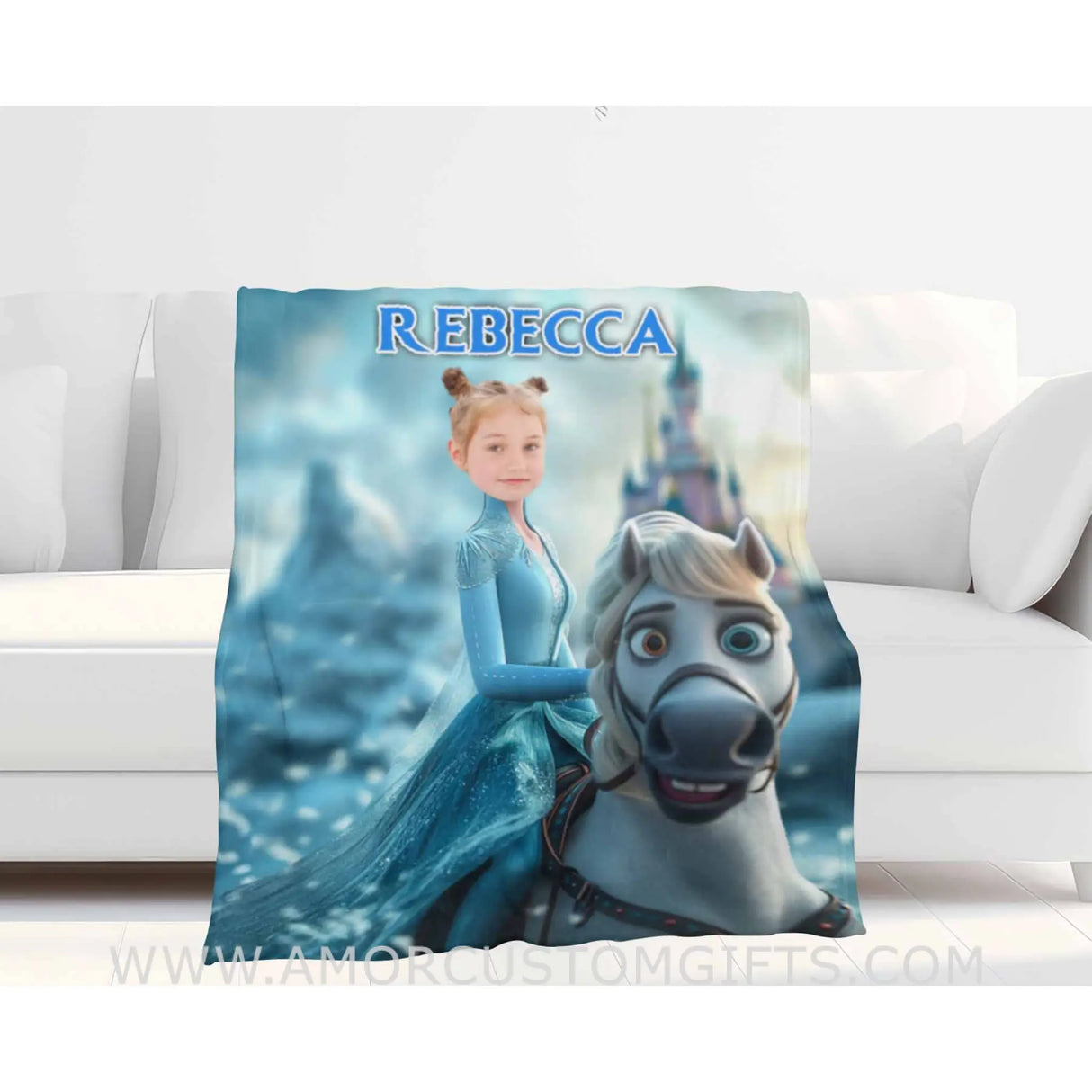 Personalized Face & Name Elsa Riding Horse Girl Blanket Blankets