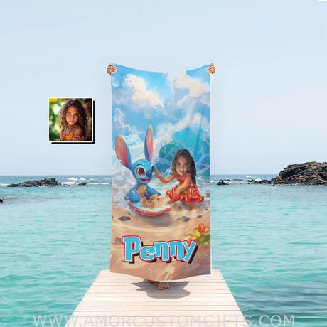 Personalized Face & Name Lilo And Stitch Build Sandcastle Beach Towel Towels