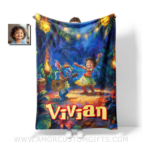 Personalized Face & Name Lilo And Stitch On Hawaiian Party Girl Blanket Blankets