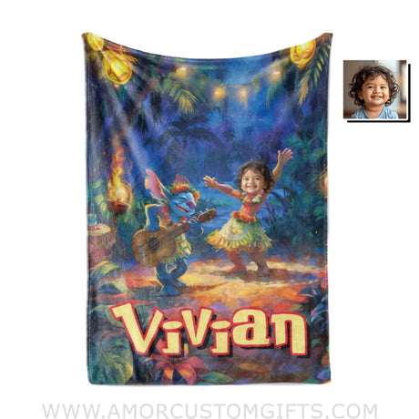 Personalized Face & Name Lilo And Stitch On Hawaiian Party Girl Blanket Blankets