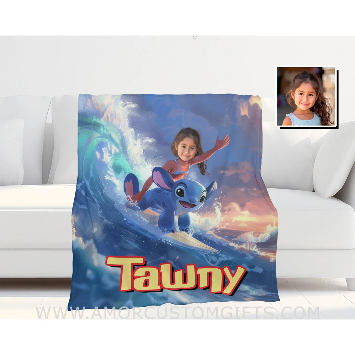 Personalized Face & Name Lilo And Stitch Surfing Girl Blanket Blankets