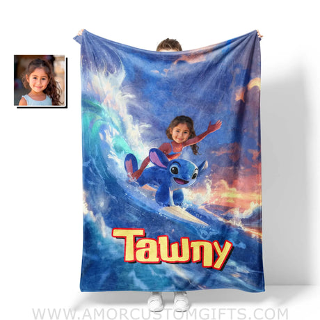 Personalized Face & Name Lilo And Stitch Surfing Girl Blanket Blankets
